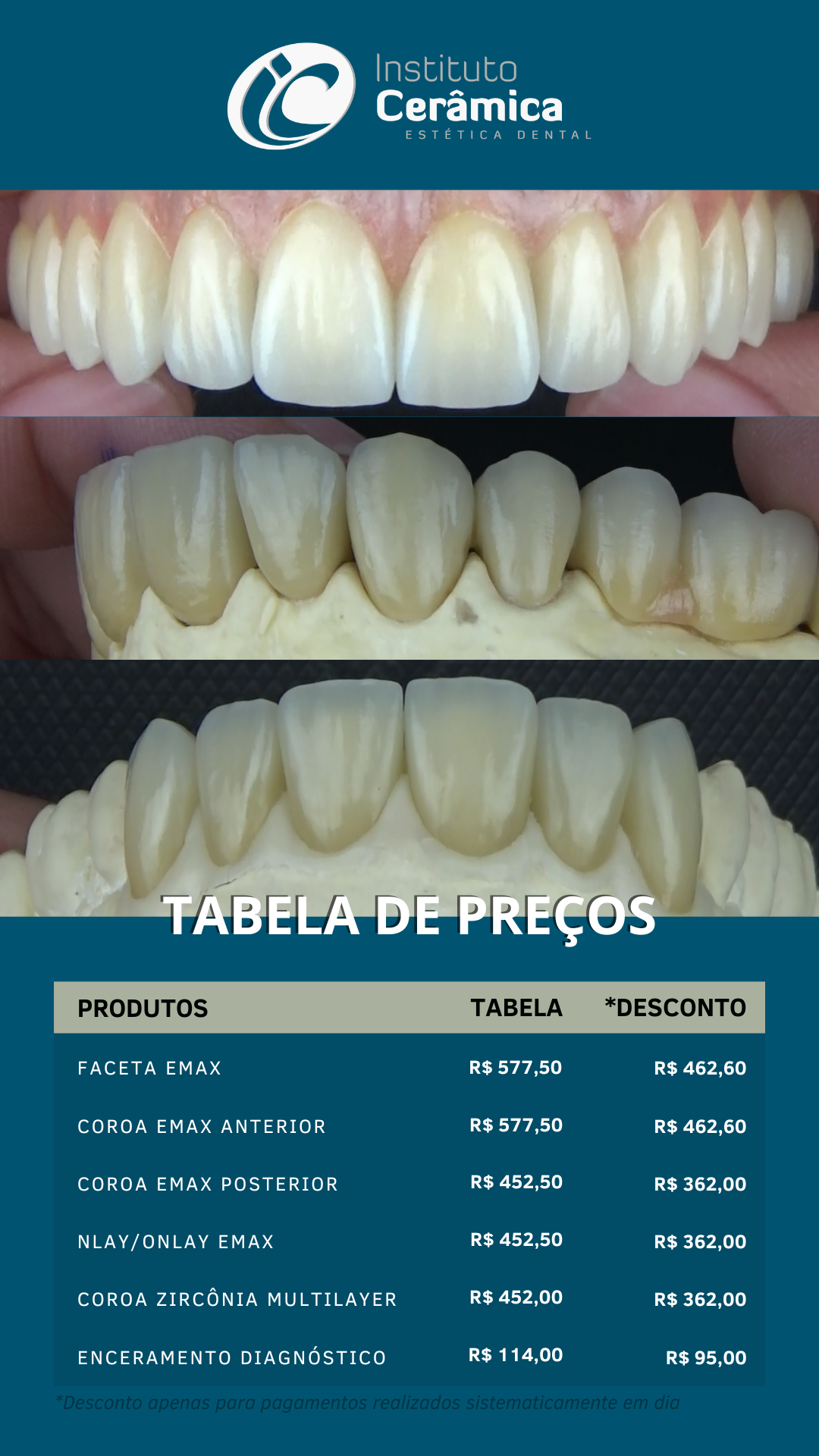 Tabela de preços do Instituto Cerâmica
