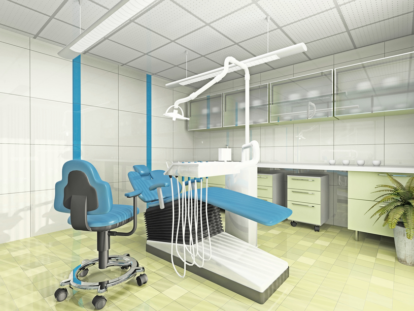 Interior-do-gabinete-odontológico-moderno-cama-cadeira-e-instrumentos-odontológicos-azul-piso-e-mobilia-verde-claro